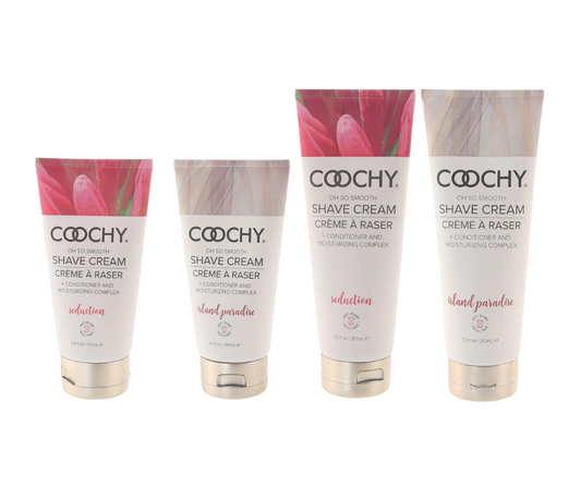 Bottles of Coochy Shave Cream in various sizes and flavors